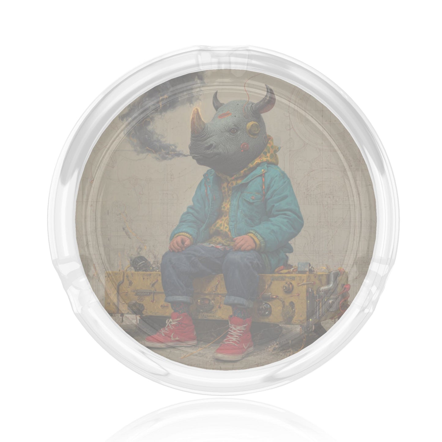 Round Glass Ashtray with Anthropomorphic Rhino Artwork – Clear Heat-Resistant Creative Ashtray for Home, Office, or Bar