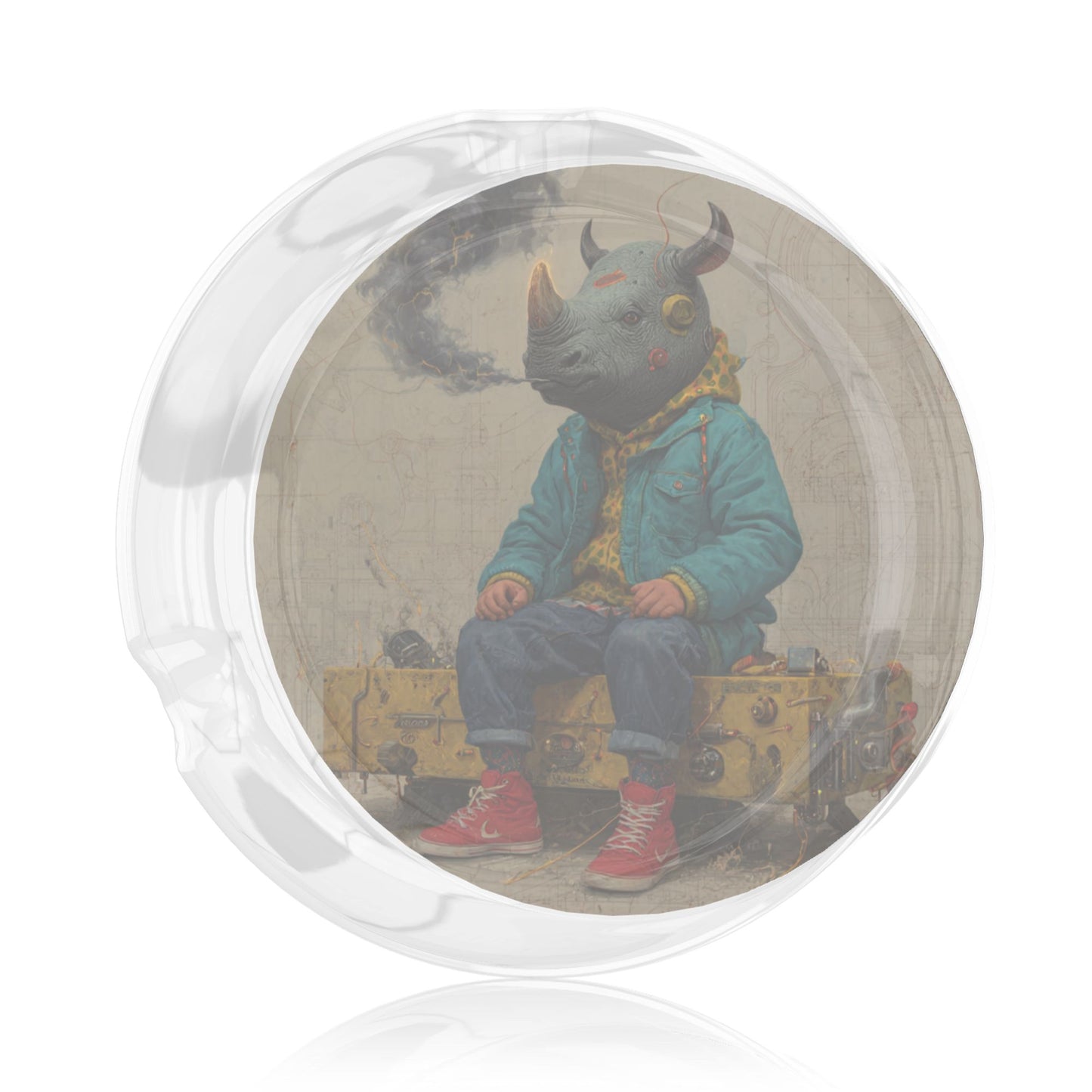 Round Glass Ashtray with Anthropomorphic Rhino Artwork – Clear Heat-Resistant Creative Ashtray for Home, Office, or Bar