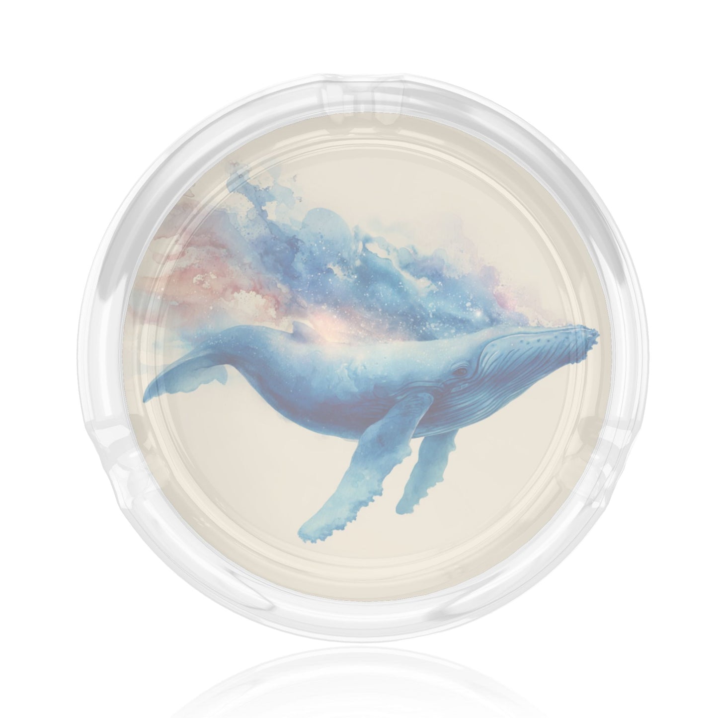 Round Glass Ashtray with Blue Whale Art Design – Transparent Heat-Resistant Decorative Ashtray for Home, Office, and Bar