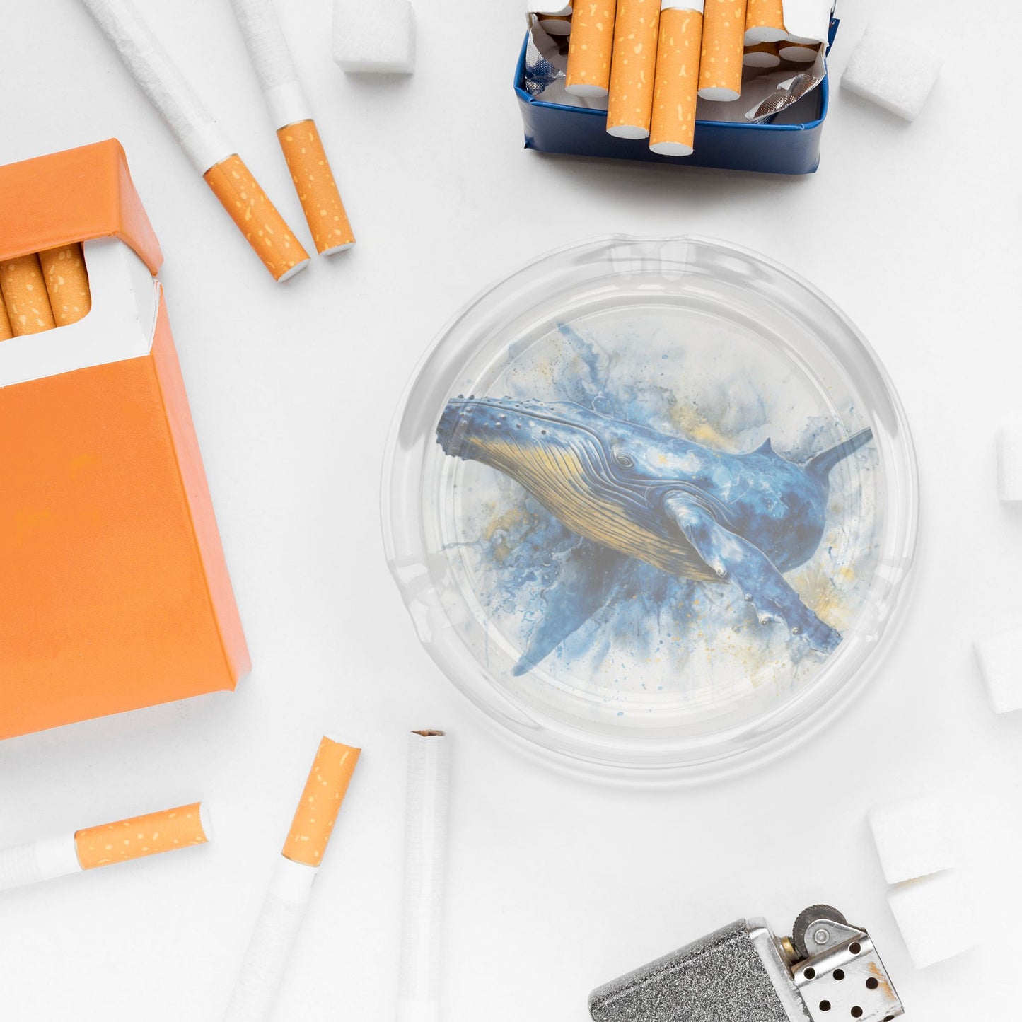 Round Glass Ashtray with Blue Whale Art Design – Transparent Heat-Resistant Modern Decorative Ashtray
