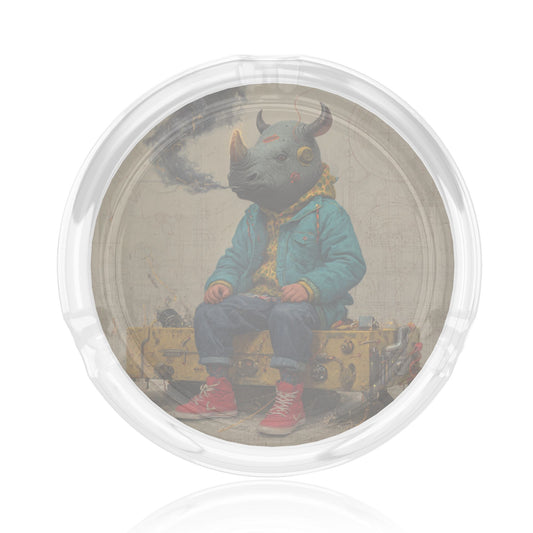 Round Glass Ashtray with Anthropomorphic Rhino Artwork – Clear Heat-Resistant Creative Ashtray for Home, Office, or Bar