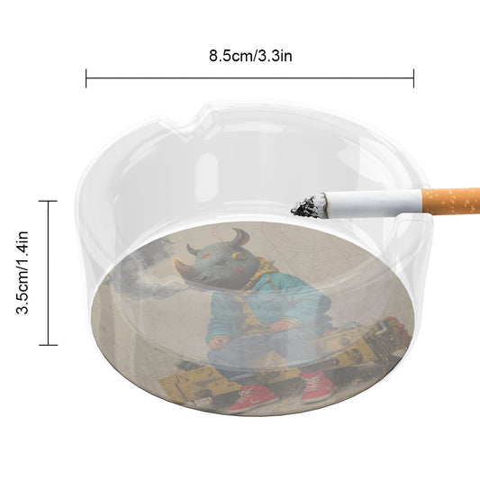 Round Glass Ashtray with Anthropomorphic Rhino Artwork – Clear Heat-Resistant Creative Ashtray for Home, Office, or Bar