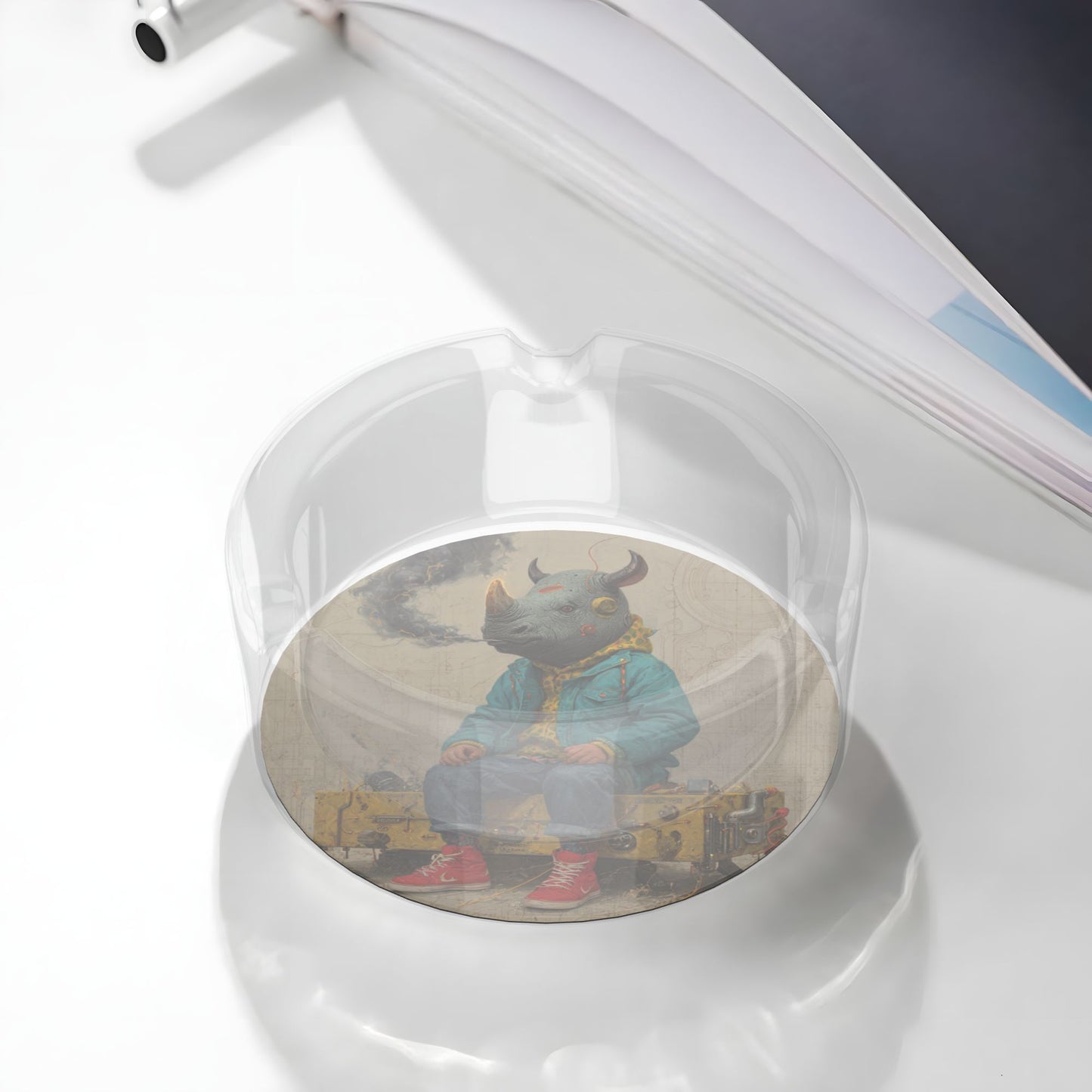 Round Glass Ashtray with Anthropomorphic Rhino Artwork – Clear Heat-Resistant Creative Ashtray for Home, Office, or Bar