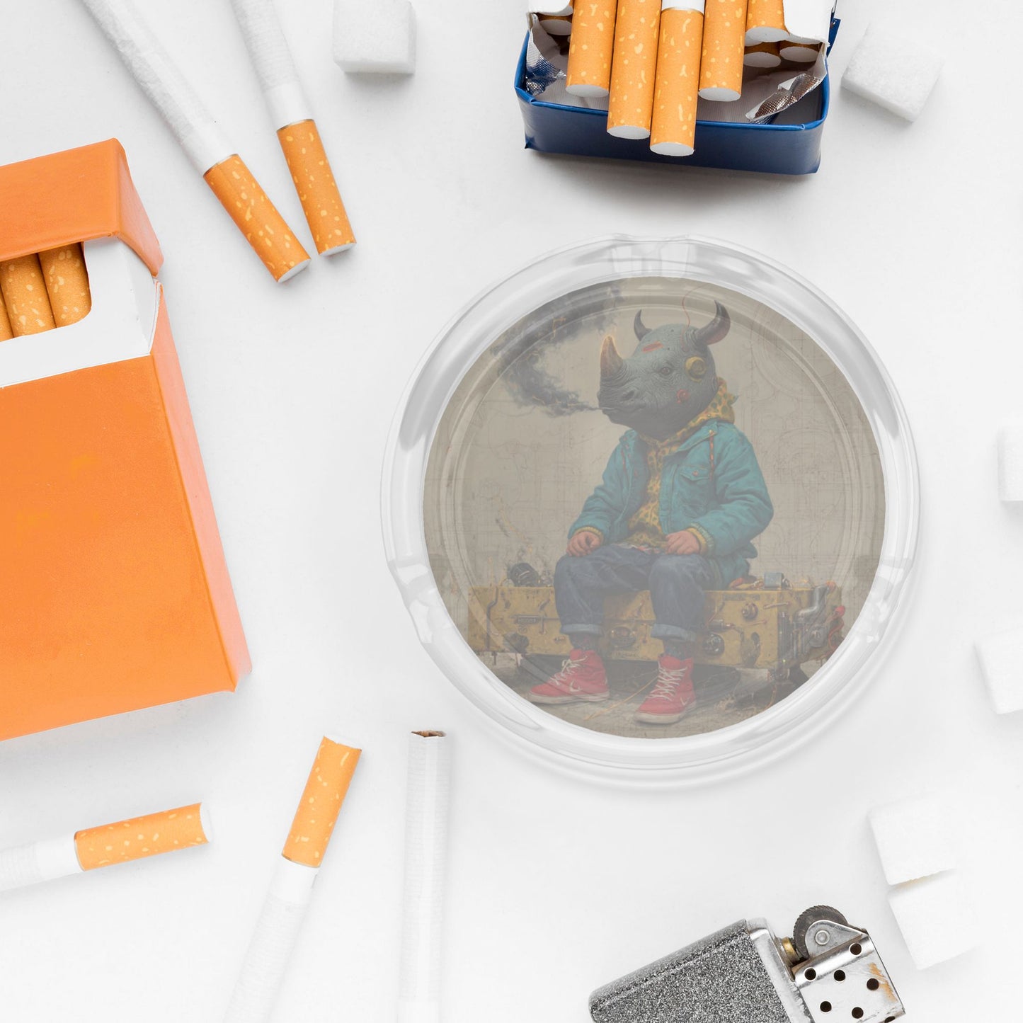 Round Glass Ashtray with Anthropomorphic Rhino Artwork – Clear Heat-Resistant Creative Ashtray for Home, Office, or Bar