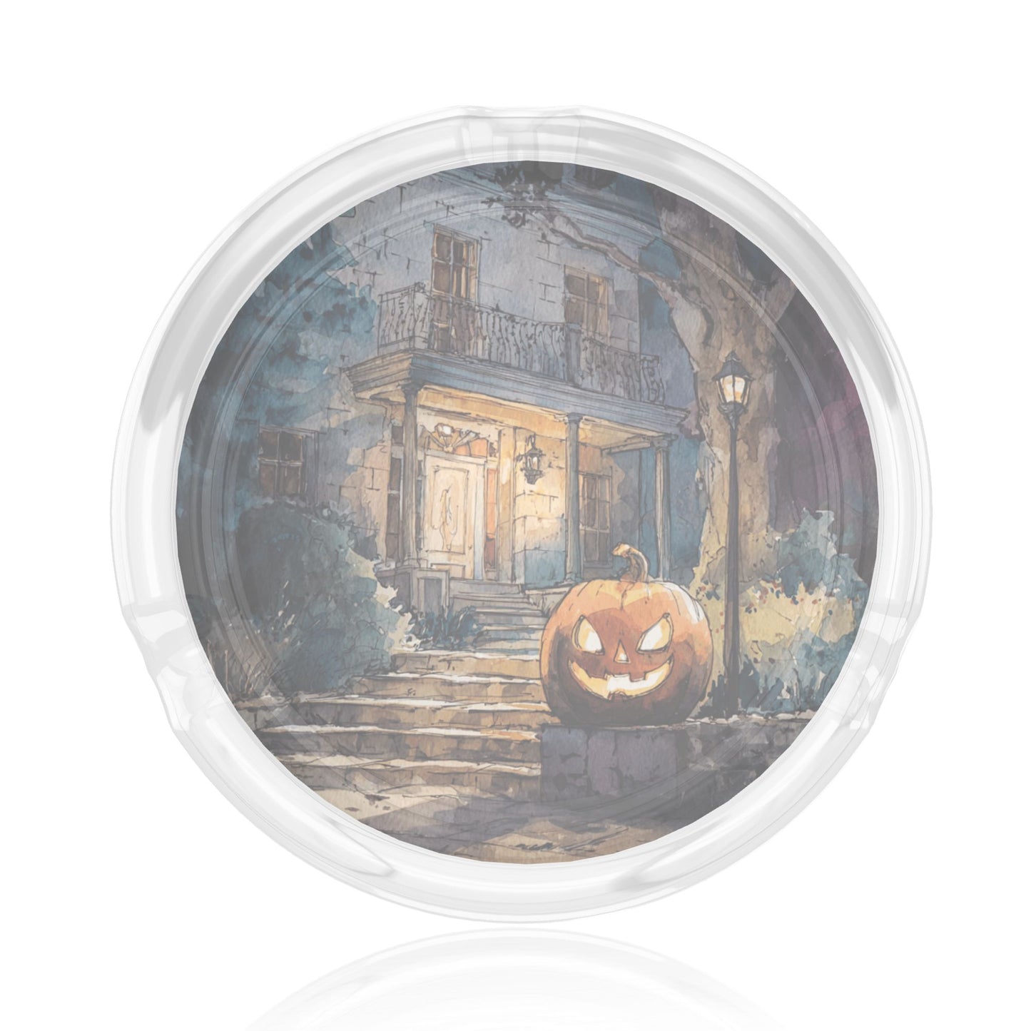 Round Glass Ashtray with Halloween Pumpkin House Design – Transparent Heat-Resistant Creative Ashtray for Home, Office, and Bar