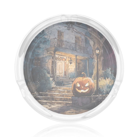 Round Glass Ashtray with Halloween Pumpkin House Design – Transparent Heat-Resistant Creative Ashtray for Home, Office, and Bar