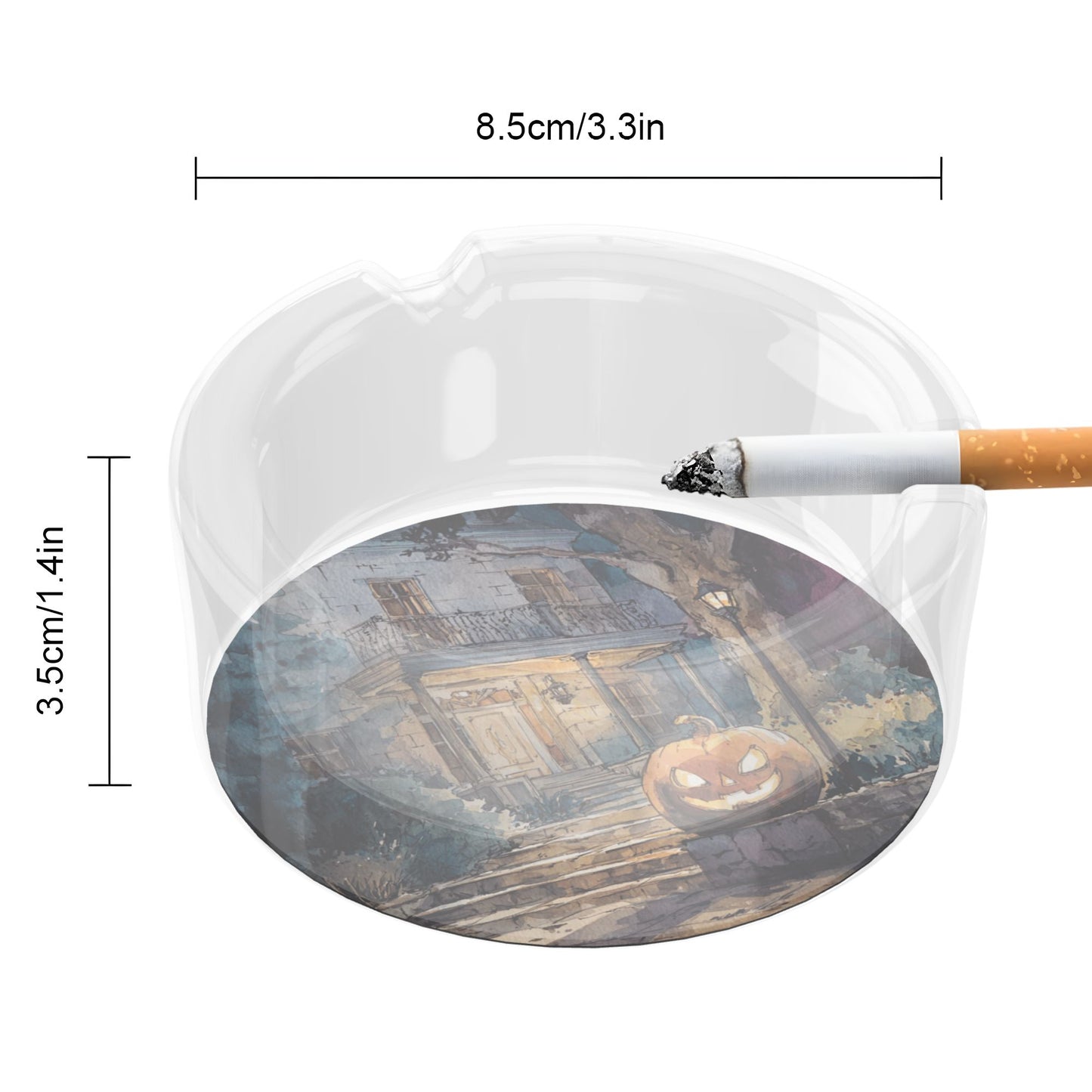 Round Glass Ashtray with Halloween Pumpkin House Design – Transparent Heat-Resistant Creative Ashtray for Home, Office, and Bar