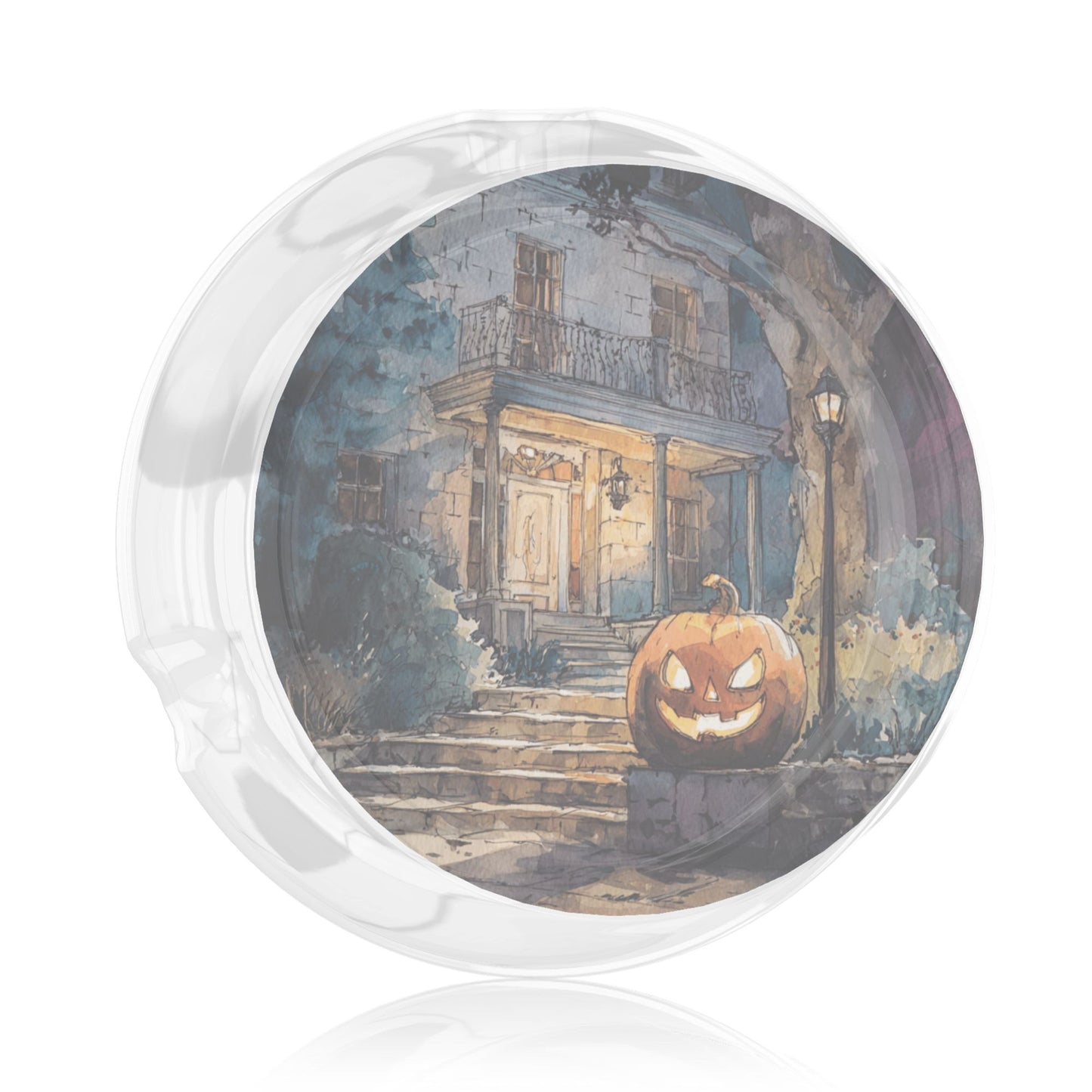 Round Glass Ashtray with Halloween Pumpkin House Design – Transparent Heat-Resistant Creative Ashtray for Home, Office, and Bar