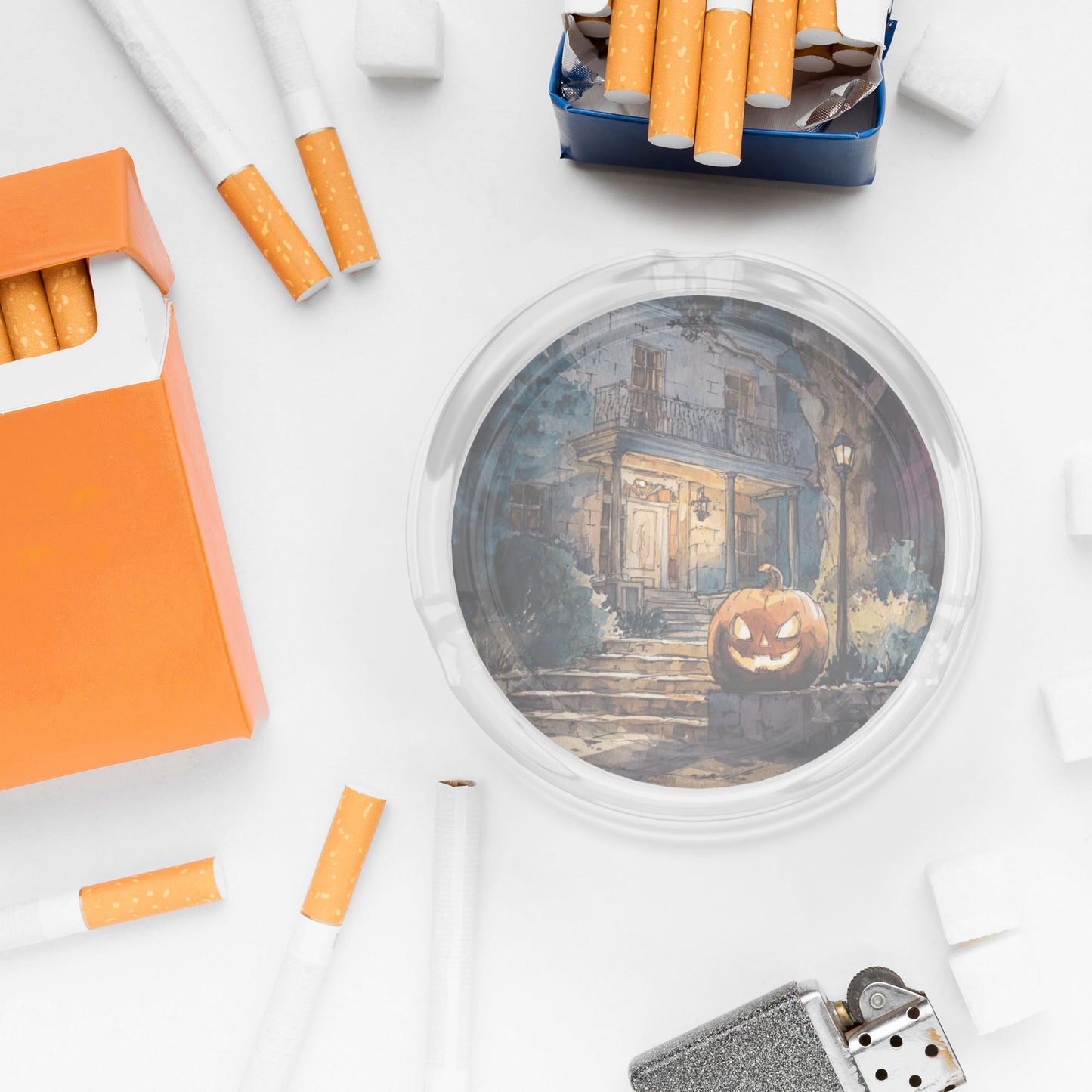 Round Glass Ashtray with Halloween Pumpkin House Design – Transparent Heat-Resistant Creative Ashtray for Home, Office, and Bar