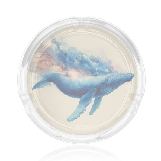 Round Glass Ashtray with Blue Whale Art Design – Transparent Heat-Resistant Decorative Ashtray for Home, Office, and Bar