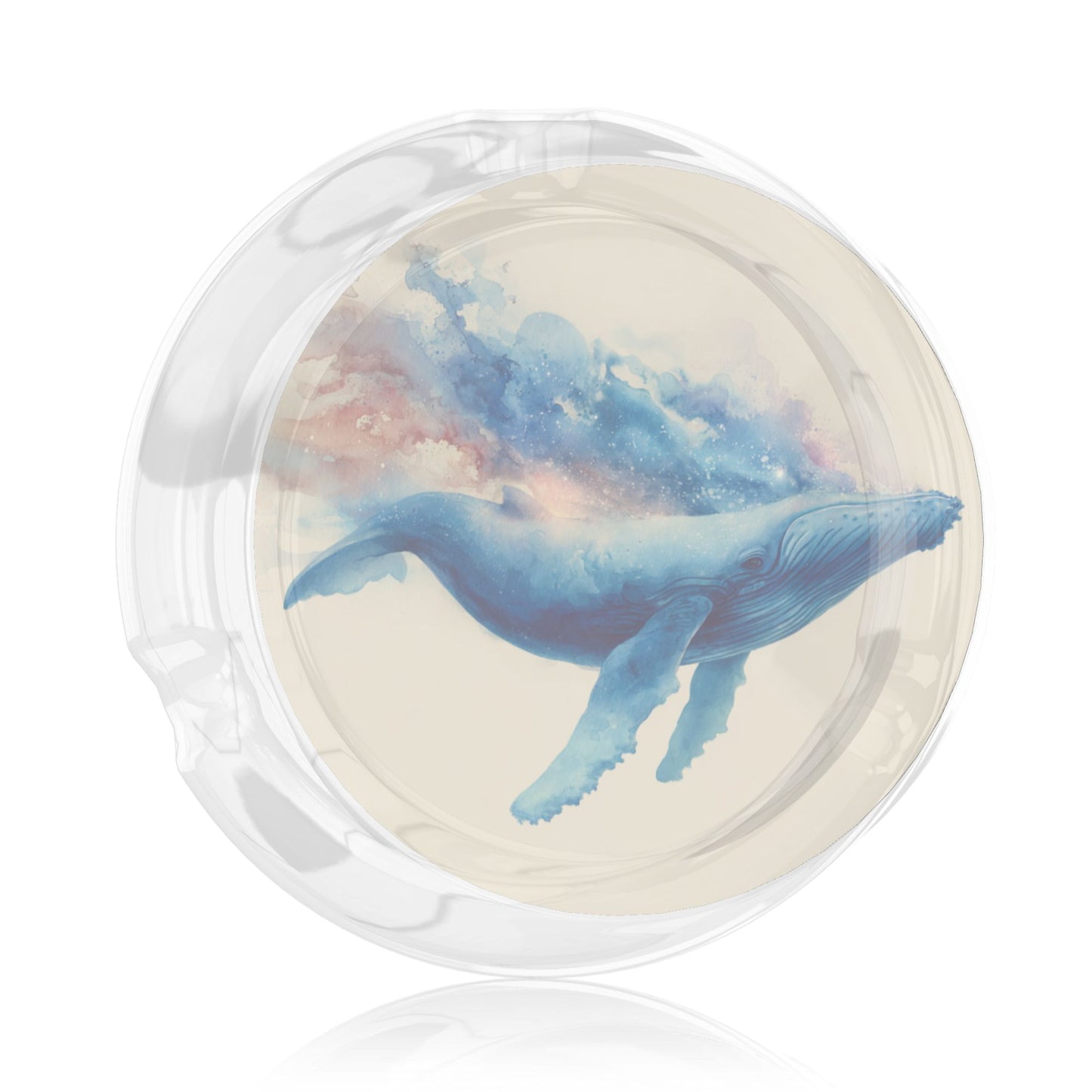 Round Glass Ashtray with Blue Whale Art Design – Transparent Heat-Resistant Decorative Ashtray for Home, Office, and Bar