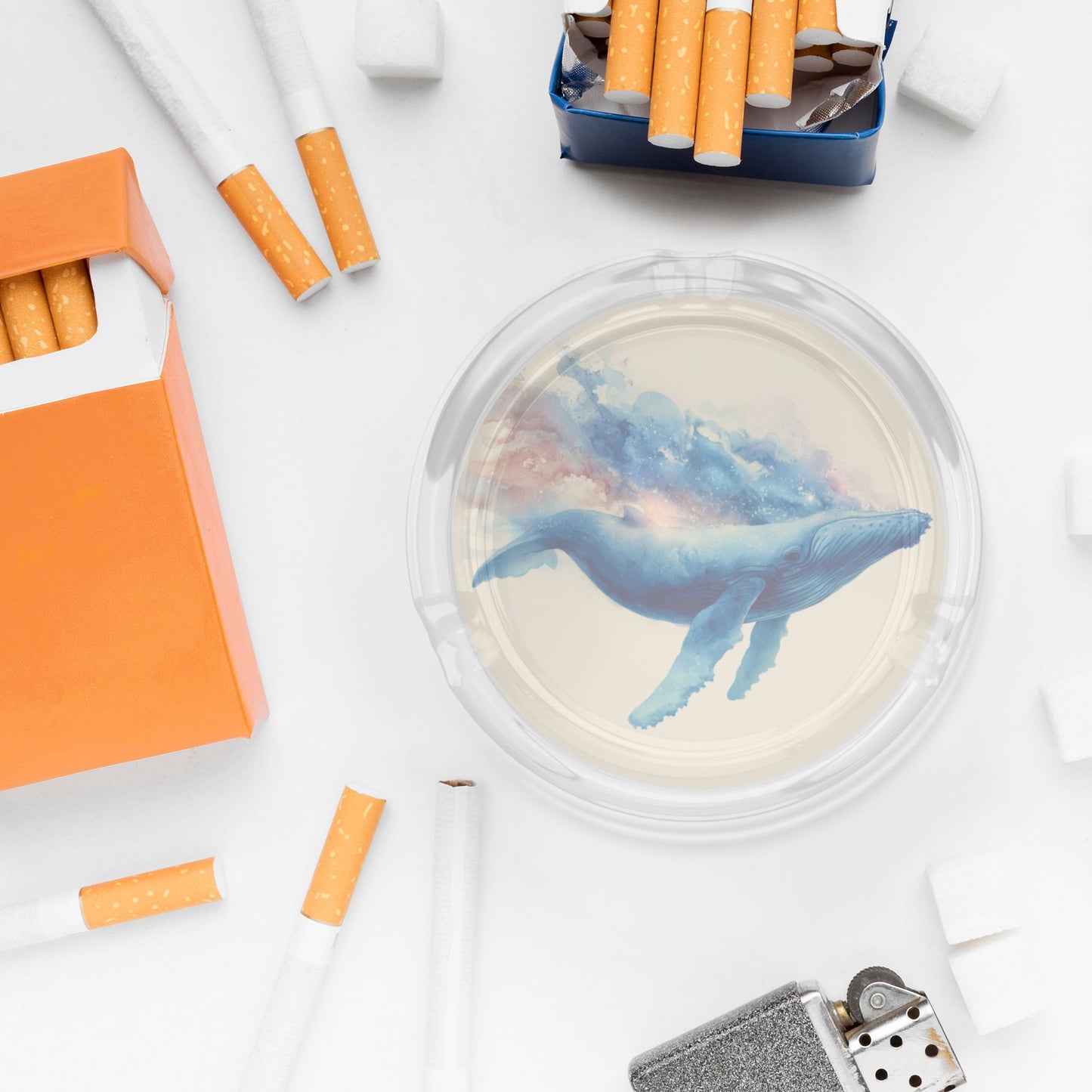 Round Glass Ashtray with Blue Whale Art Design – Transparent Heat-Resistant Decorative Ashtray for Home, Office, and Bar
