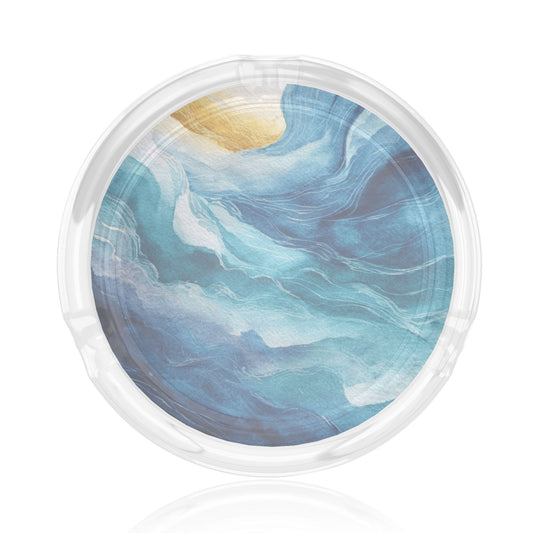 Round Glass Ashtray with Abstract Blue Art Design – Transparent Heat-Resistant Modern Decorative Ashtray