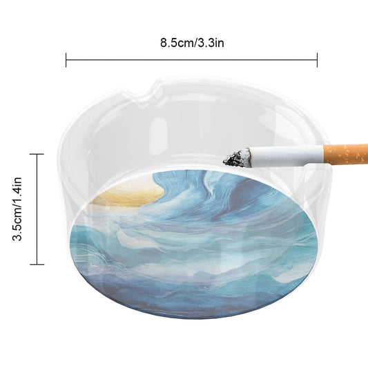 Round Glass Ashtray with Abstract Blue Art Design – Transparent Heat-Resistant Modern Decorative Ashtray