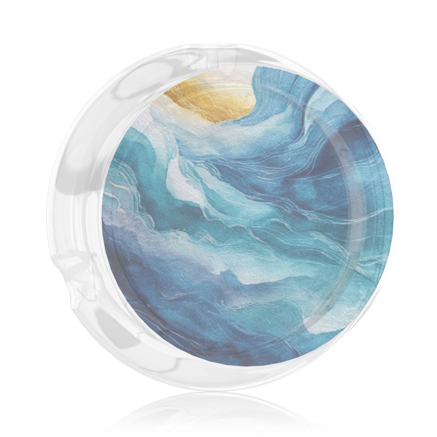 Round Glass Ashtray with Abstract Blue Art Design – Transparent Heat-Resistant Modern Decorative Ashtray