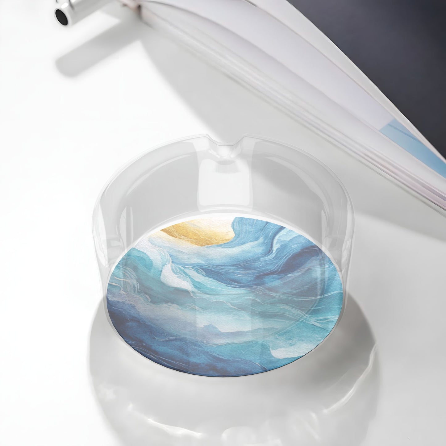 Round Glass Ashtray with Abstract Blue Art Design – Transparent Heat-Resistant Modern Decorative Ashtray