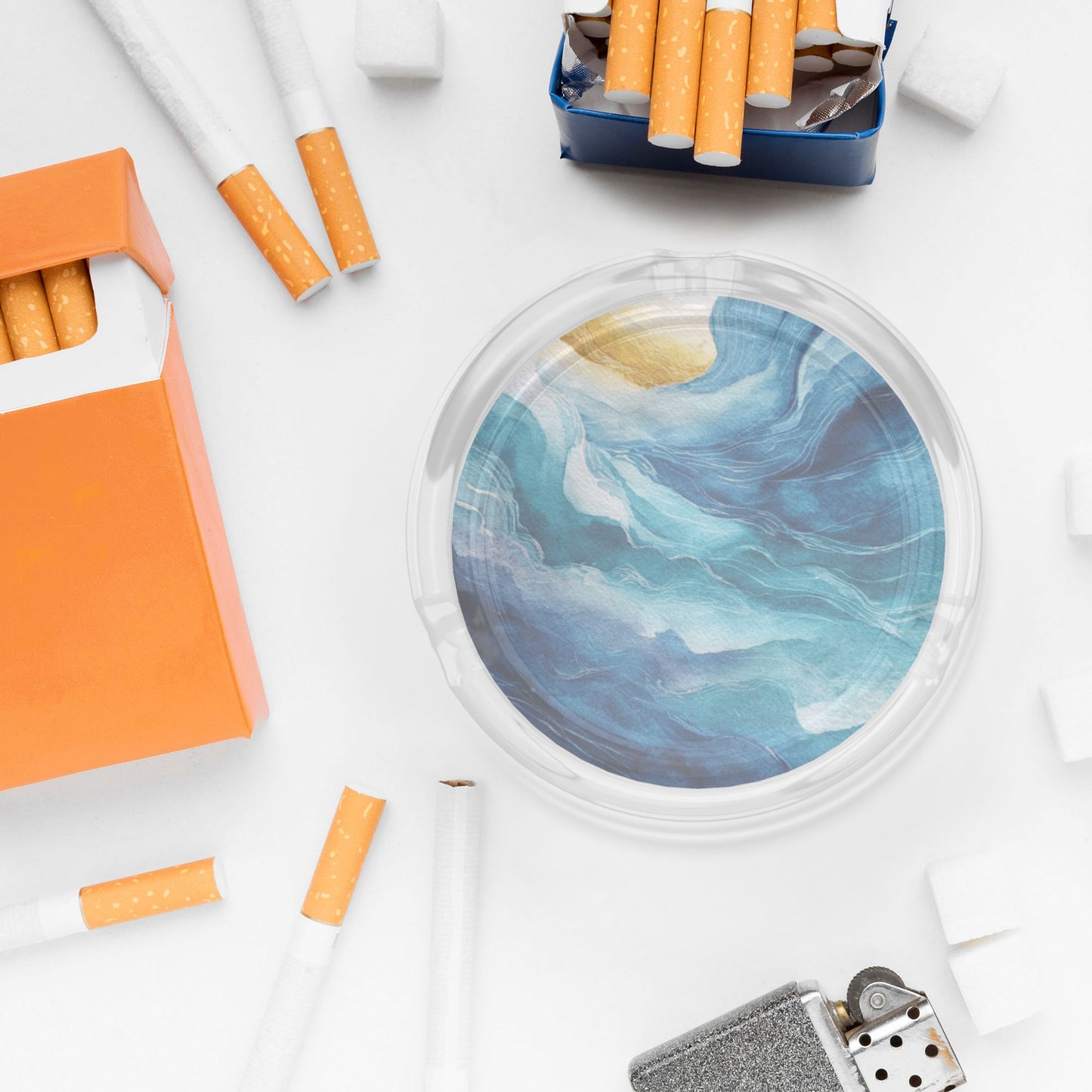 Round Glass Ashtray with Abstract Blue Art Design – Transparent Heat-Resistant Modern Decorative Ashtray