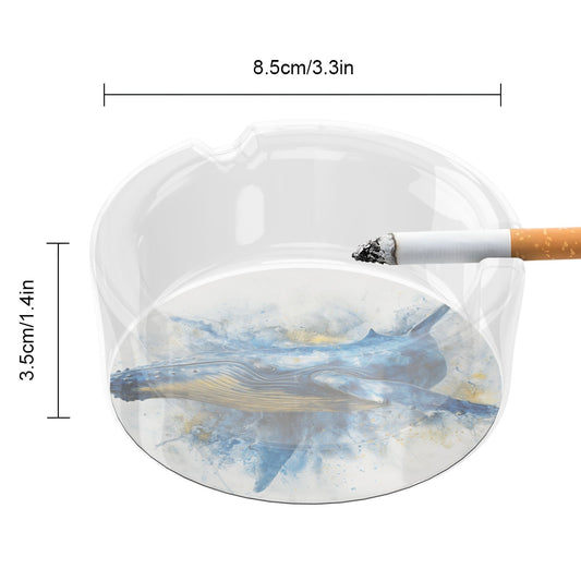 Round Glass Ashtray with Blue Whale Art Design – Transparent Heat-Resistant Modern Decorative Ashtray